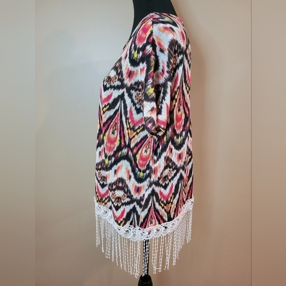 JOEI & I Boho Style Short Sleeved Knit Top, String Tassle Fringe Detail, Large - Picture 5 of 10